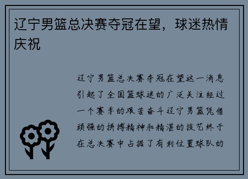 辽宁男篮总决赛夺冠在望，球迷热情庆祝
